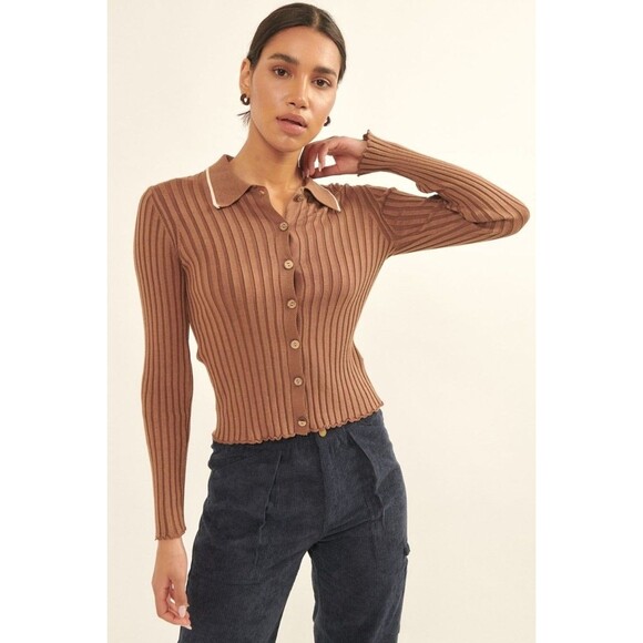 Lila Self Button Ribbed Knit Cardigan - Picture 1 of 7